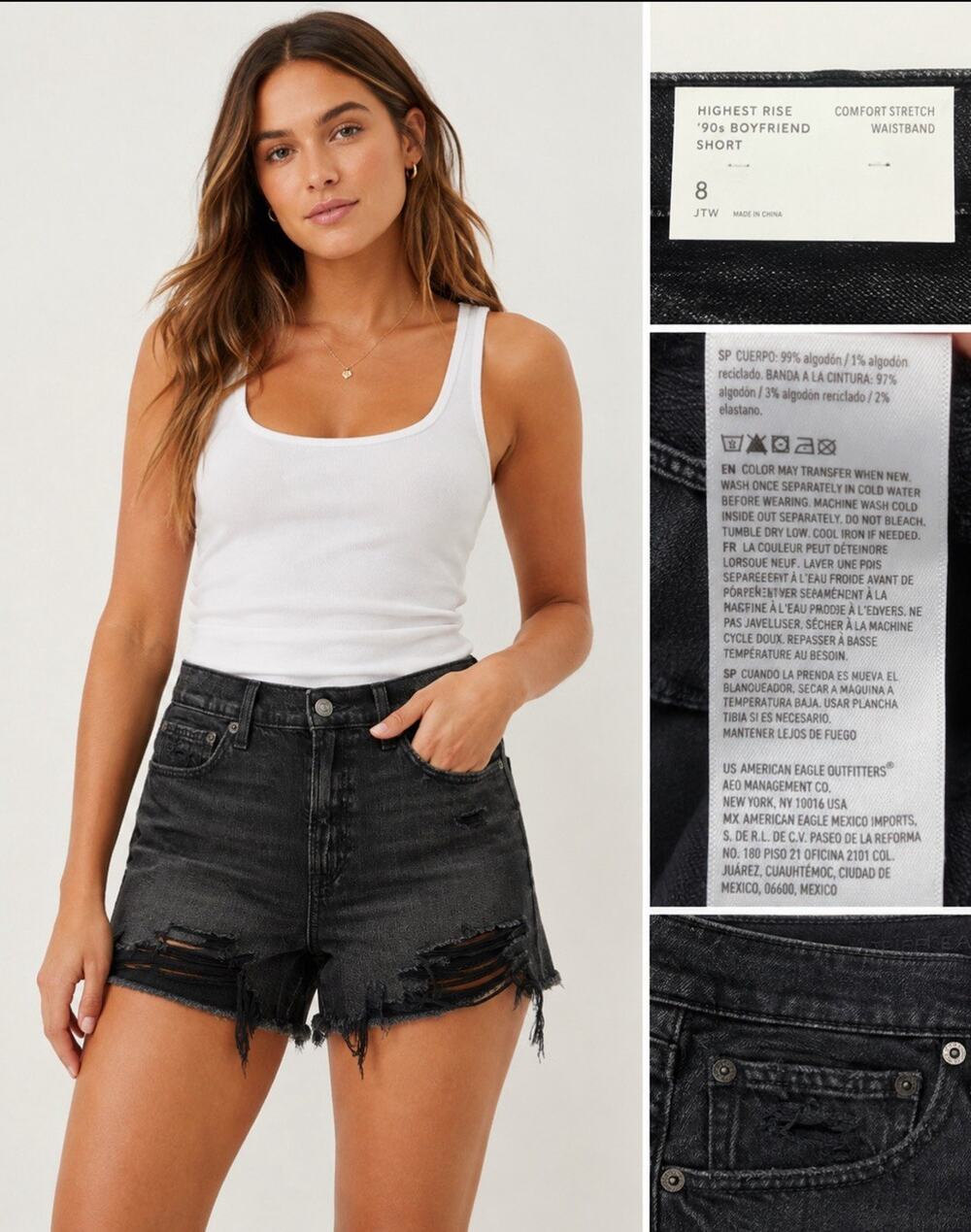 NWT American Eagle Womenβs '90s Boyfriend Denim Shorts Size 8 Black Distressed